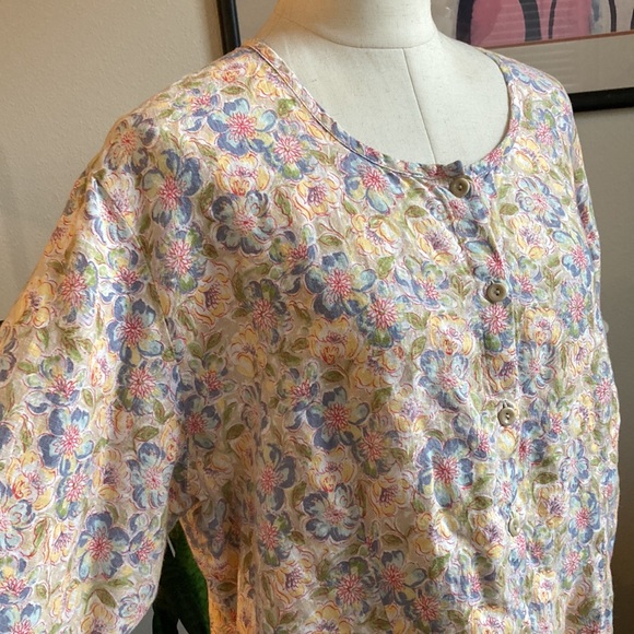Flax Tops - Flax 100% Linen Floral Button front Shirt Top